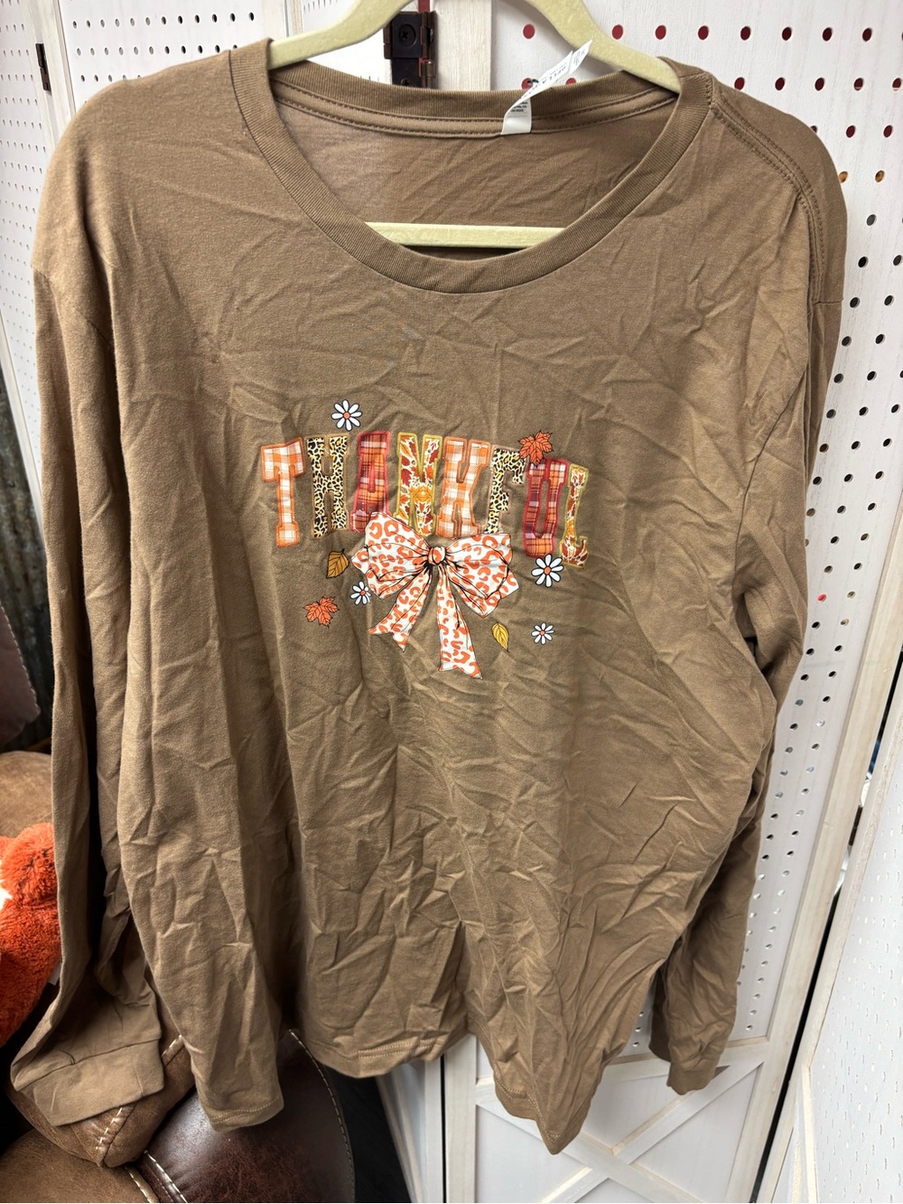 Bella Canvas Brown Long-Sleeve Tee with Autumn Plaid & Bow Graphic